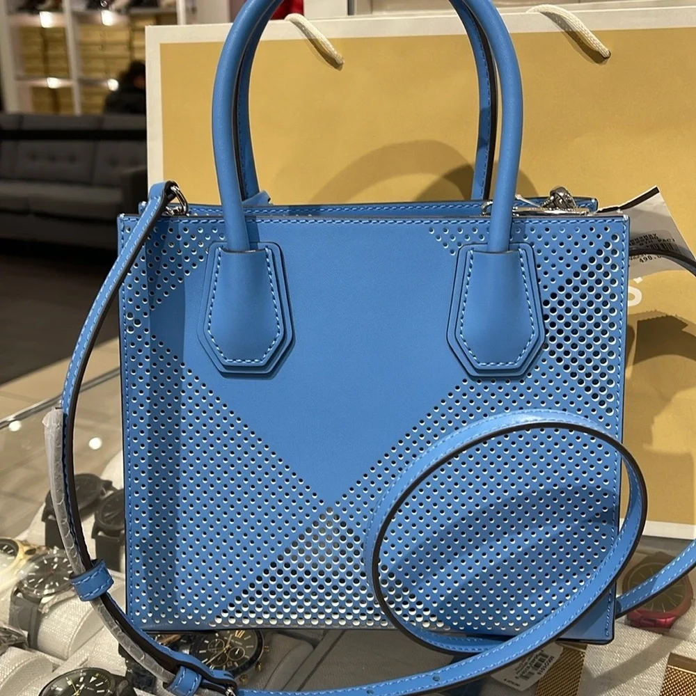 Michael Kors Mercer Medium Perforated Crossbody Satchel Bag South Pacific  NWT